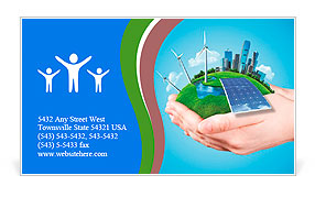 Hands holding clear green meadow with sun battery block, wind mill turbines and city skyscrapers. Co Business Card Template