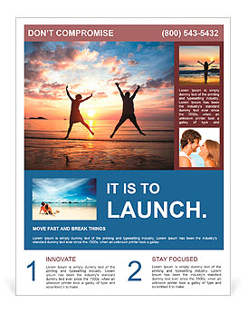 Concept of long-awaited vacation: Young couple in a jump on the sea beach at sunset. Flyer Template